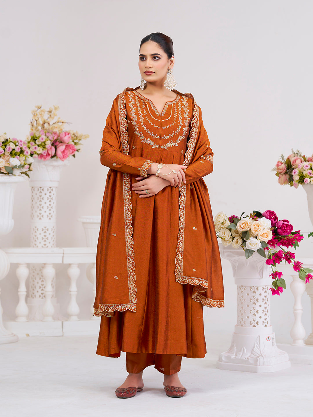 Rust Embroidered Silk Blend Anarkali Kurta With Dupatta Set