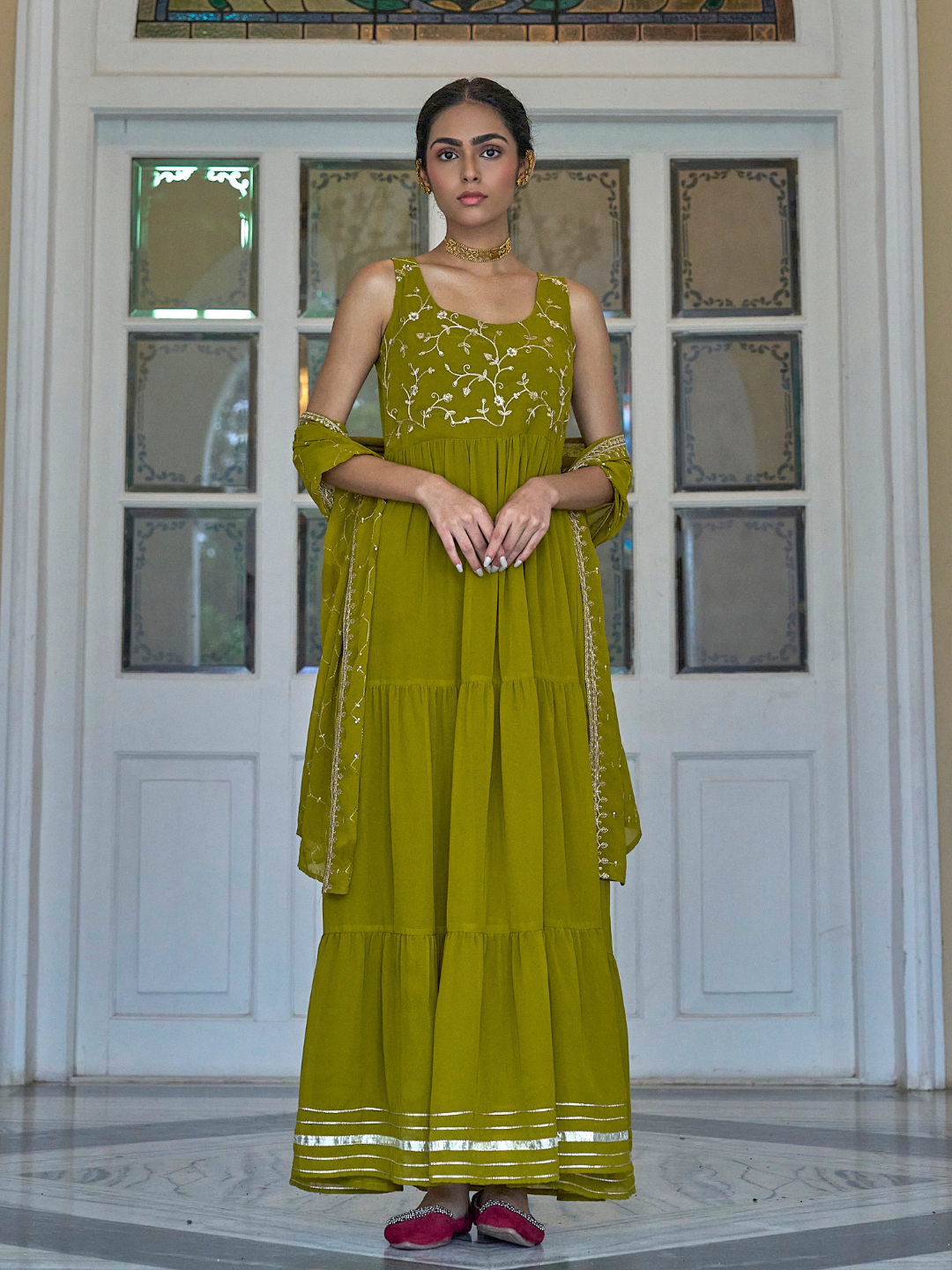 Green Embroidered Tiered Anarkali Kurta with Dupatta set