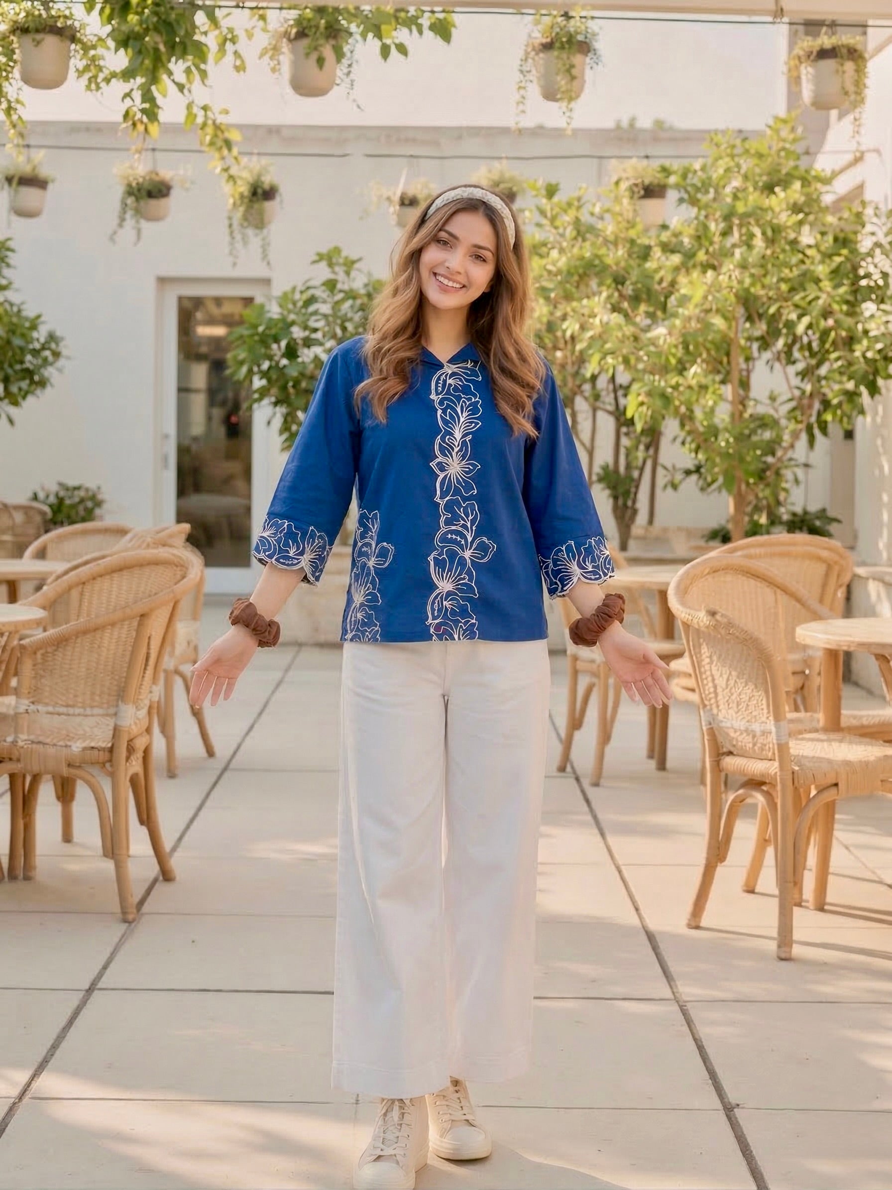 Blue Viscose Embroidered Regular Fit Shirt for Women