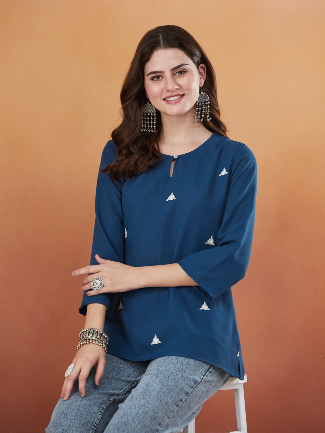 Royal Blue Embroidered Viscose Short Kurta