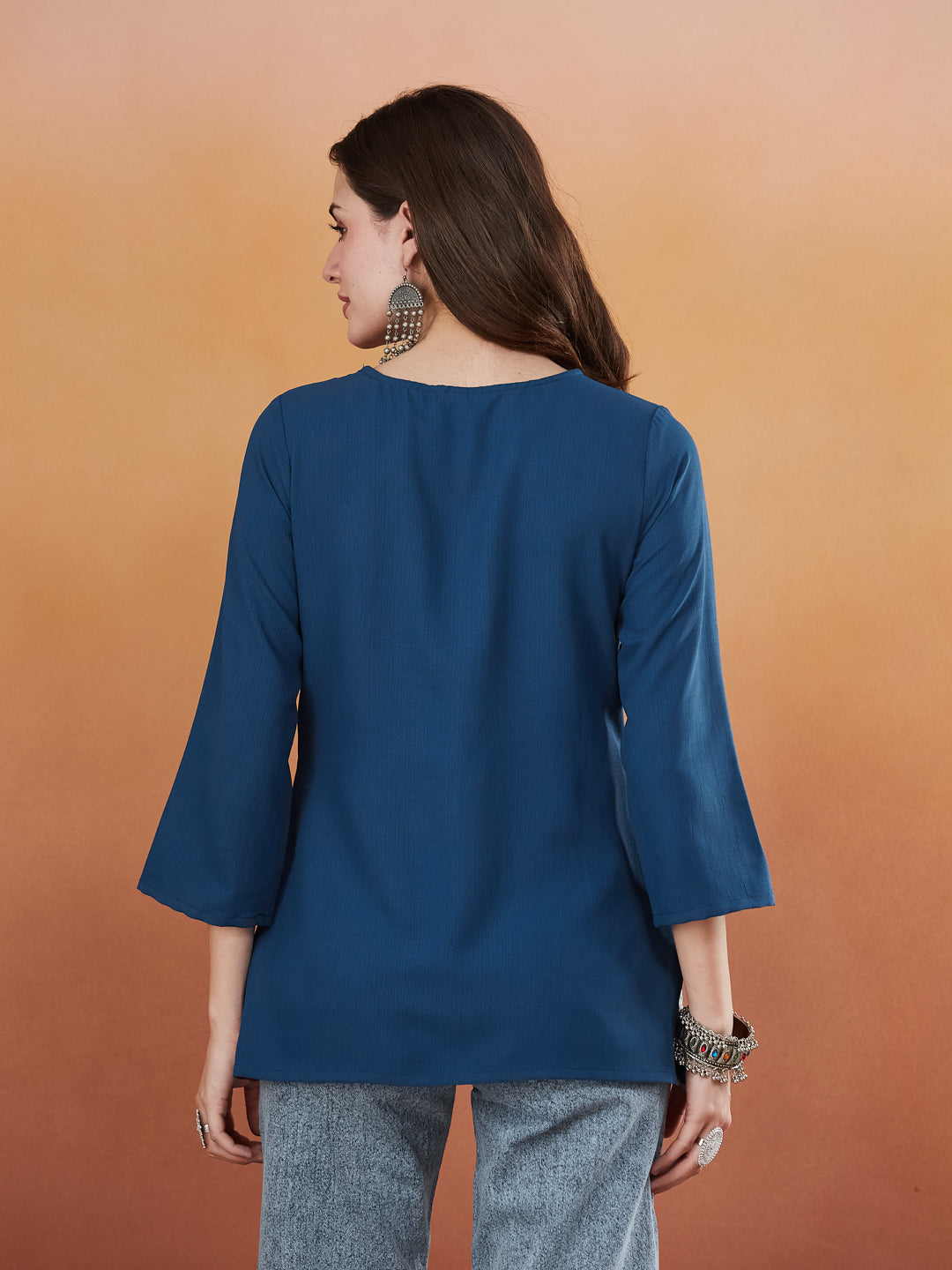 Royal Blue Embroidered Viscose Short Kurta