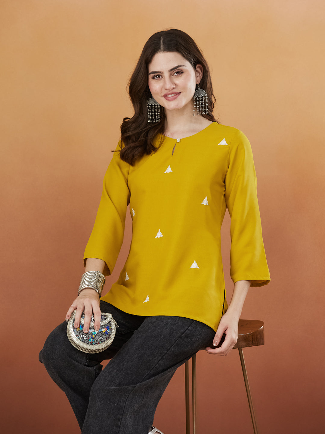 Cream Embroidered Viscose Short Kurta