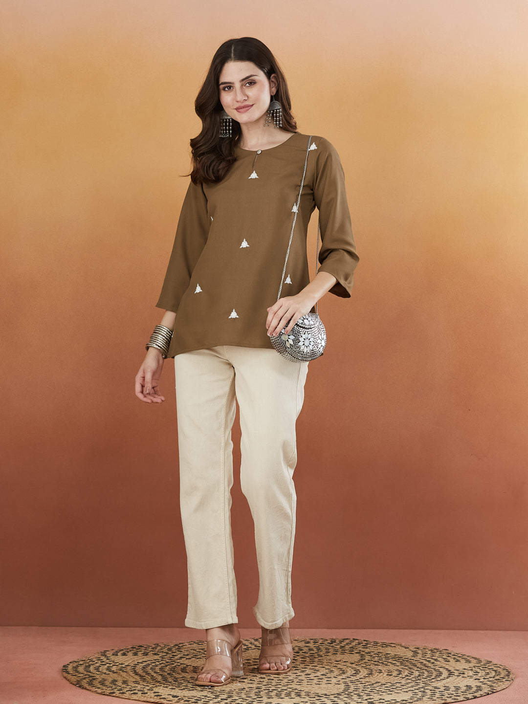 Olive Green Embroidered Viscose Short Kurta