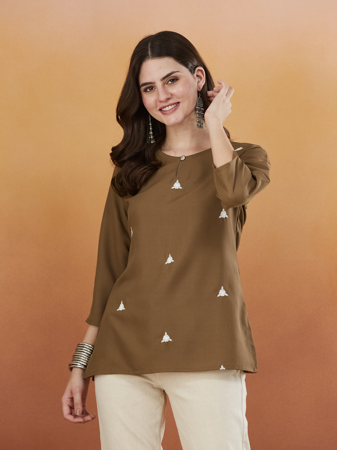 Olive Green Embroidered Viscose Short Kurta