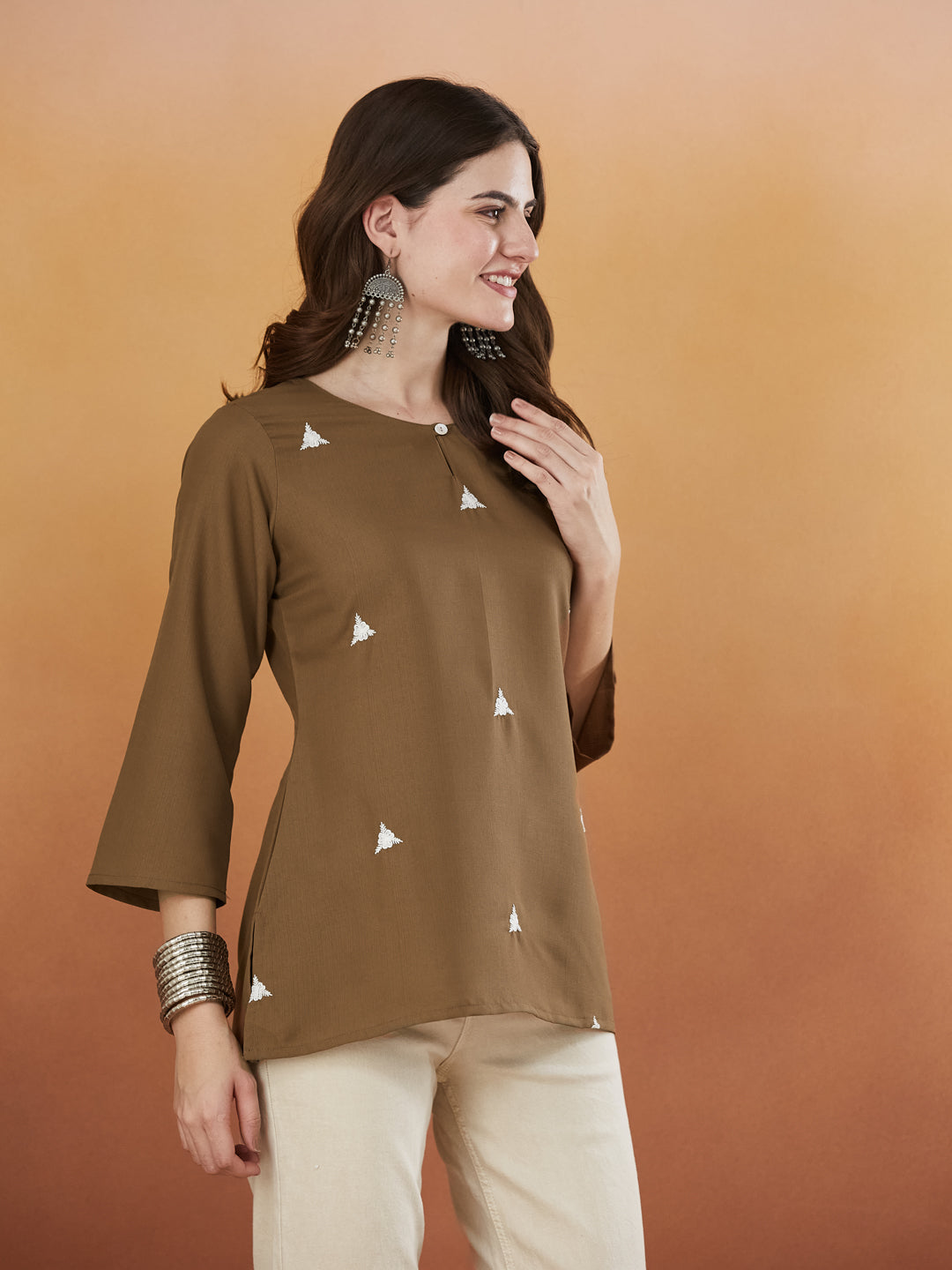 Olive Green Embroidered Viscose Short Kurta