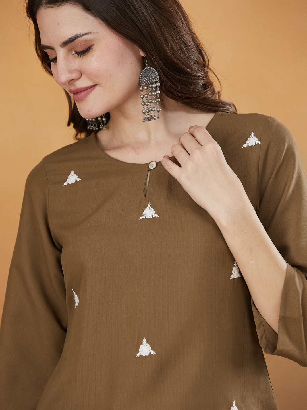Olive Green Embroidered Viscose Short Kurta