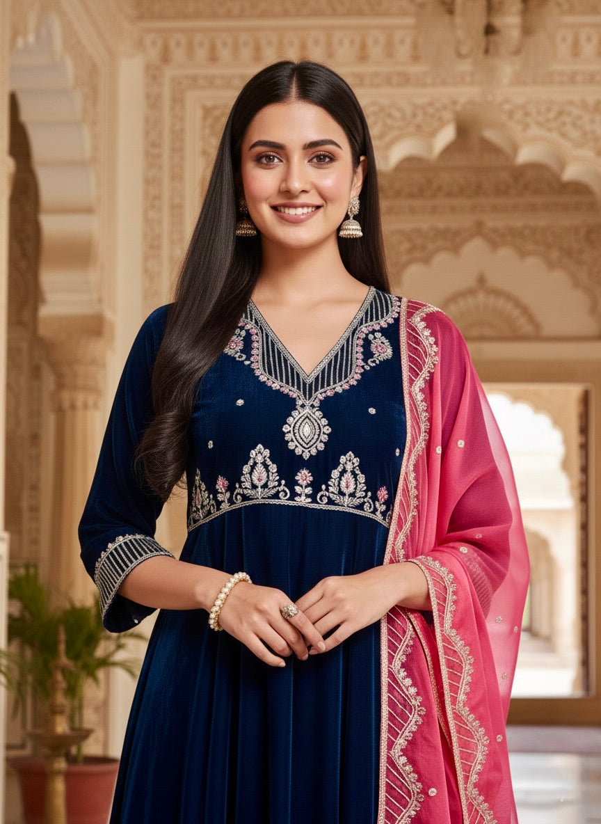 Teal Blue Solid Velvet Anarkali Suit With Dupatta