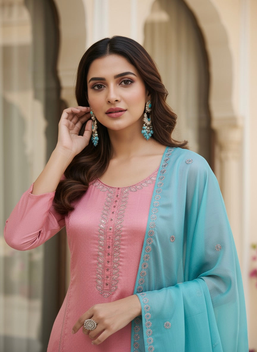 Peach Embroidered Silk Kurta with Dupatta Set