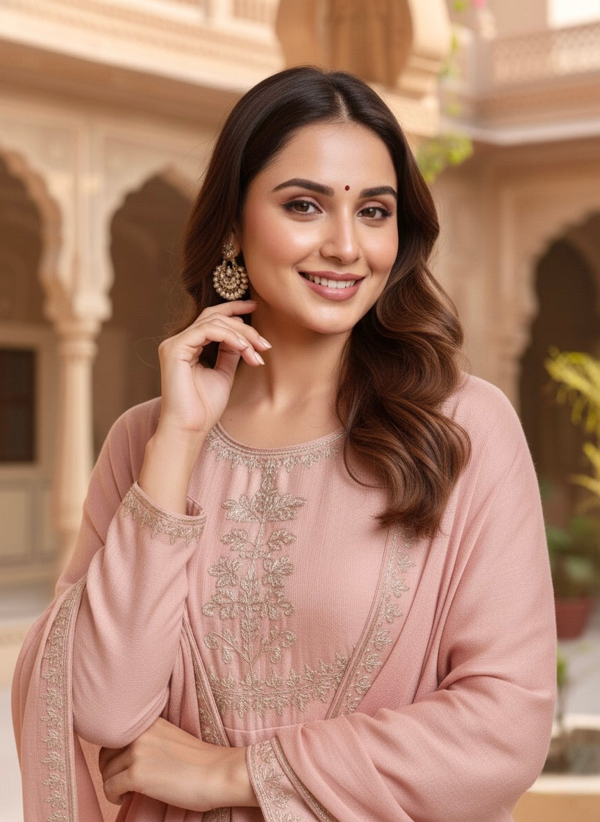 Rose Pink Embroidered Silk Blend Anarkali Kurta With Dupatta Set