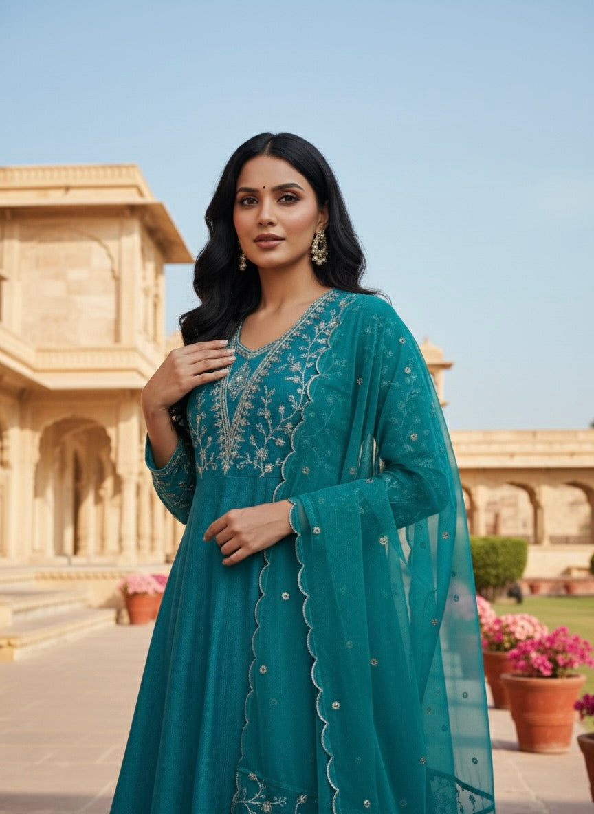 Rama Embroidered Silk Anarkali Kurta With Dupatta Set