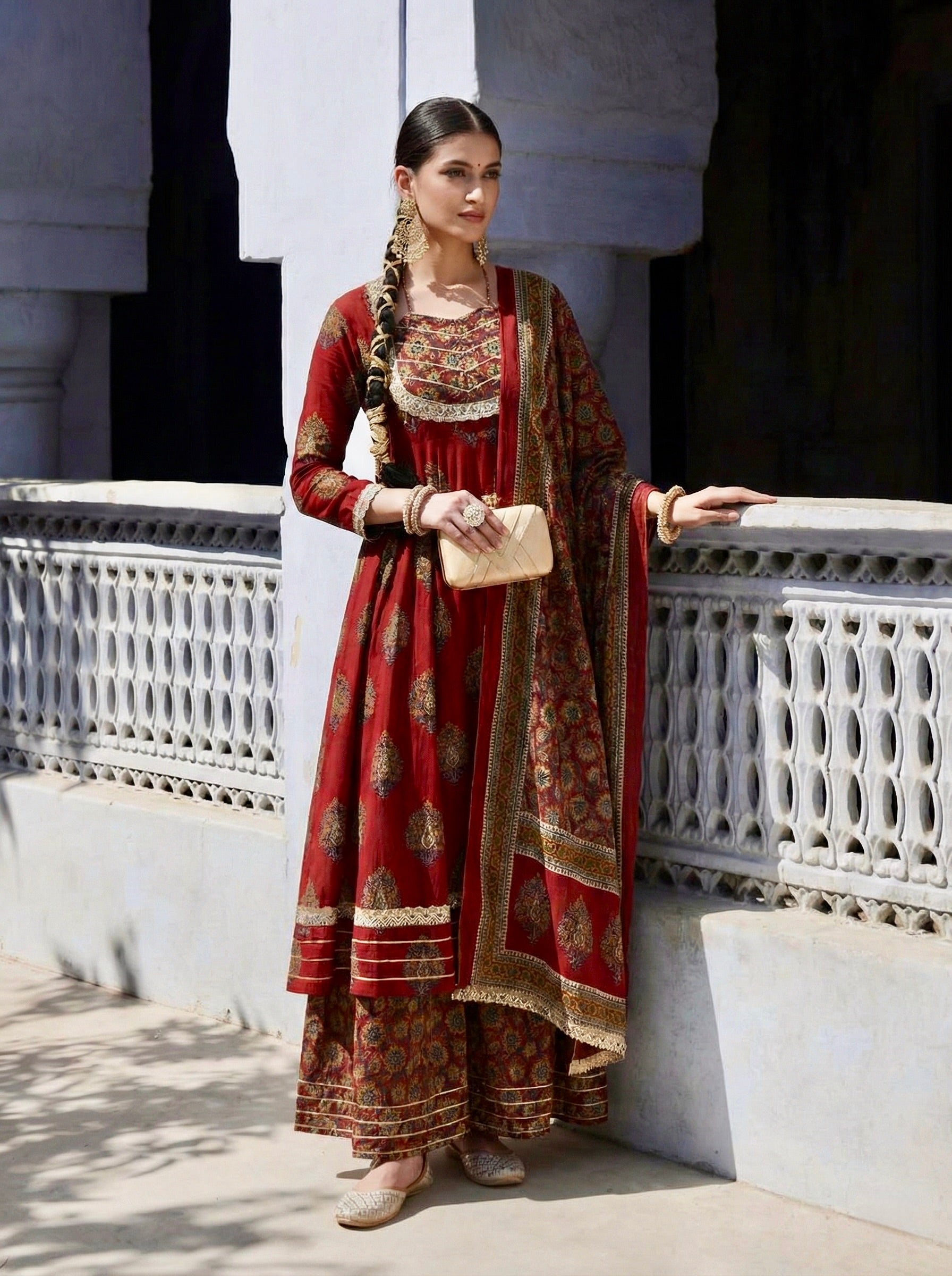 Maroon Cotton Embroidered Anarkali Kurta Set with Dupatta for Women