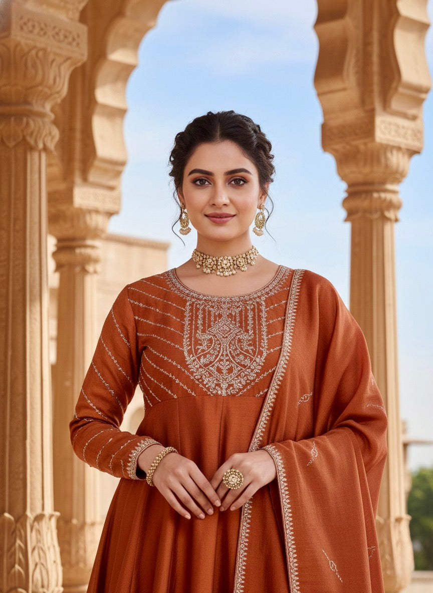 Rust Embroidered Silk Anarkali Kurta With Dupatta Set