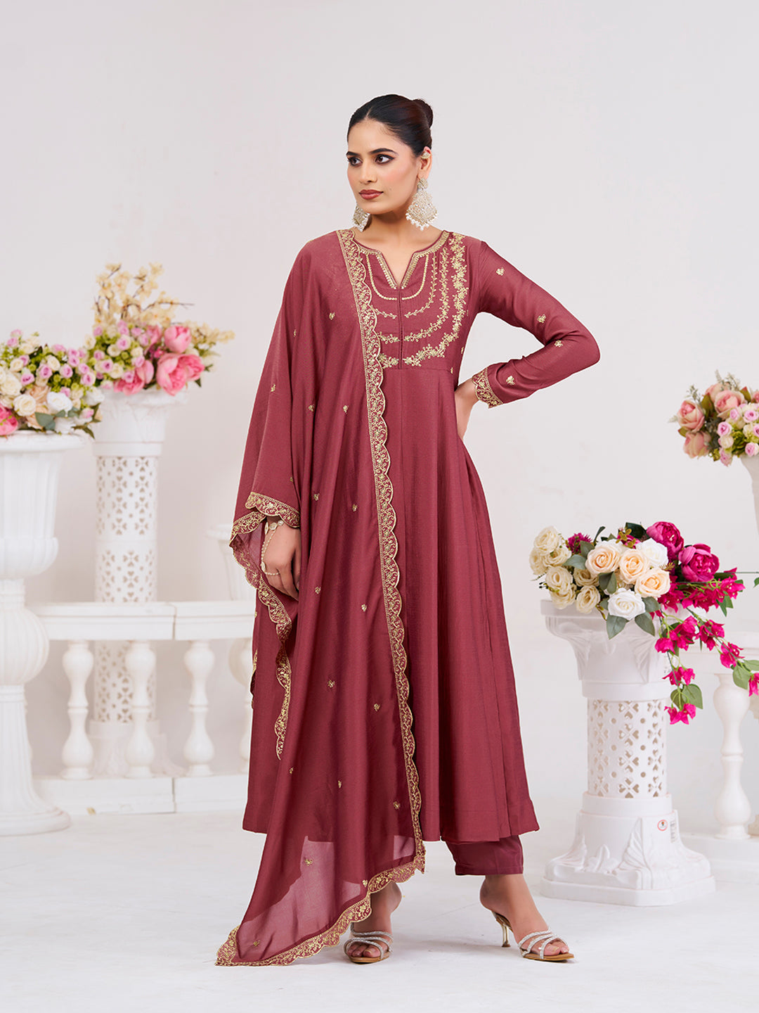 Maroon Embroidered Silk Blend Anarkali Kurta With Dupatta Set