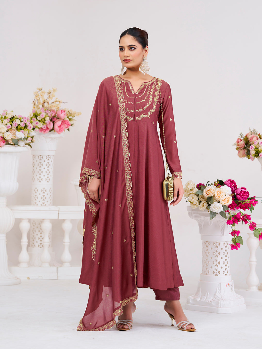Maroon Embroidered Silk Blend Anarkali Kurta With Dupatta Set