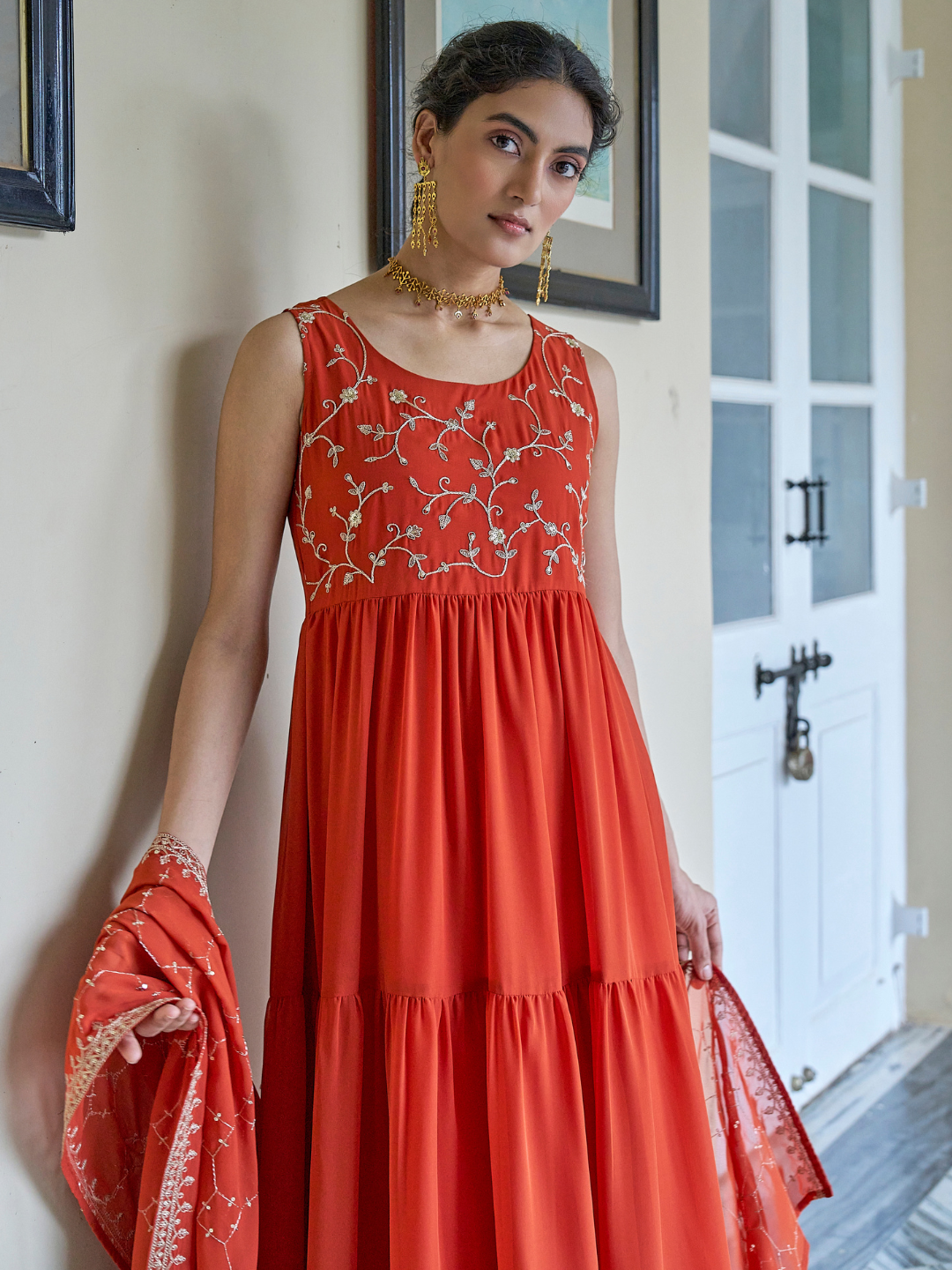 Orange Embroidered Tiered Anarkali Kurta with Dupatta set