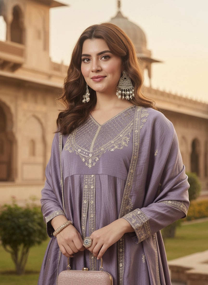 Lavender Silk Embroidered Anarkali Kurta With Dupatta Set for Women