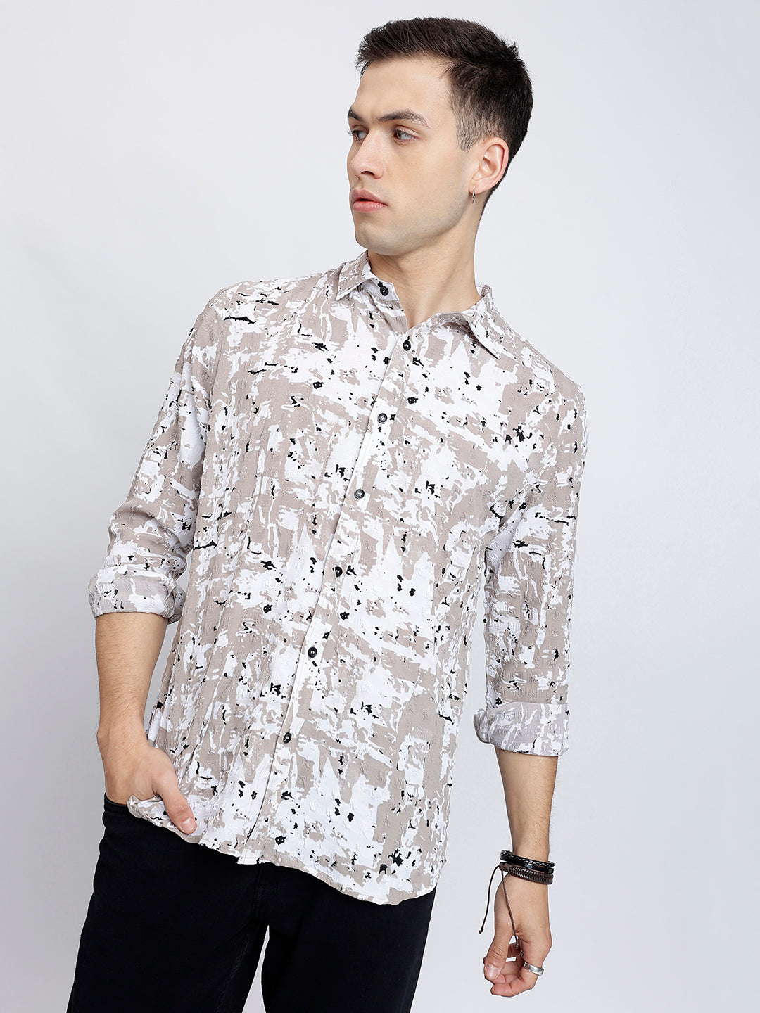 Beige Polyester Printed Shirt