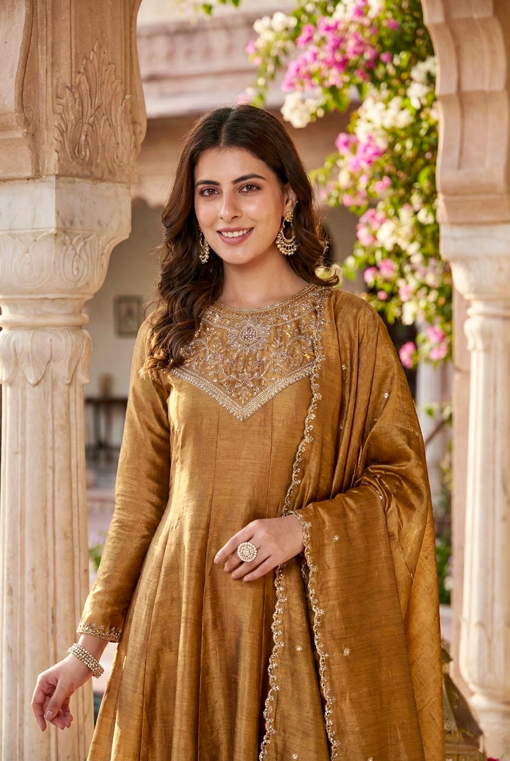 Golden Embroidered Silk Anarkali Kurta With Dupatta Set