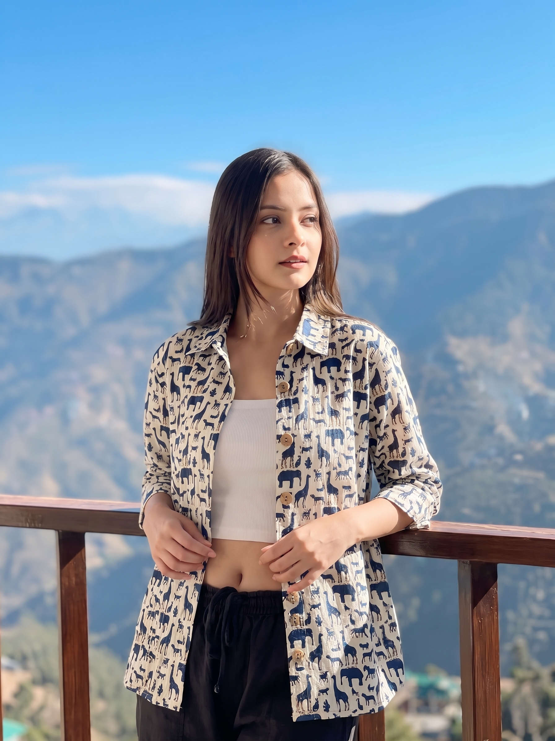 Royal Blue Cotton Print Casual Shirt for Women