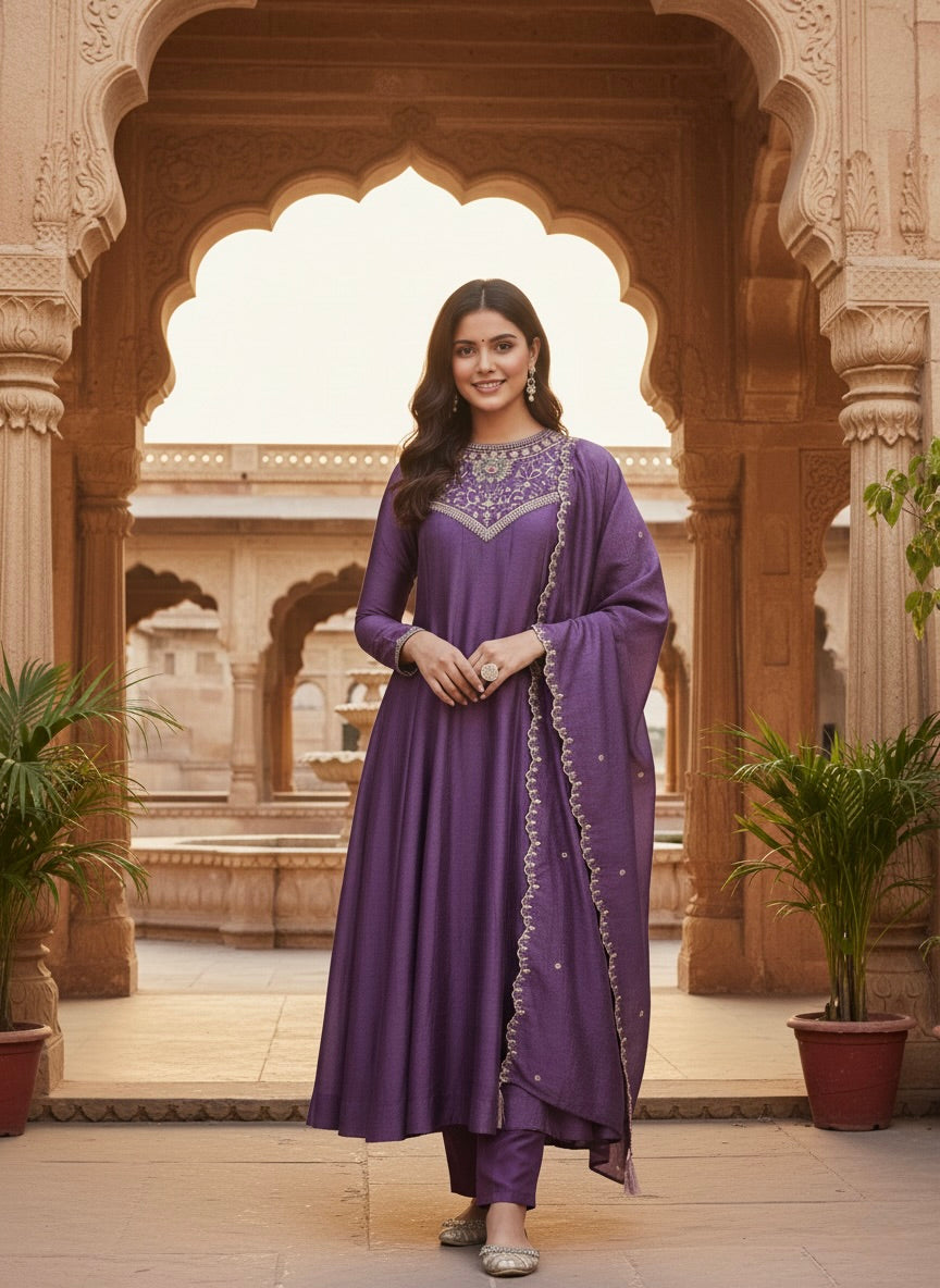 Dark Lavender Embroidered Silk Anarkali Kurta With Dupatta Set