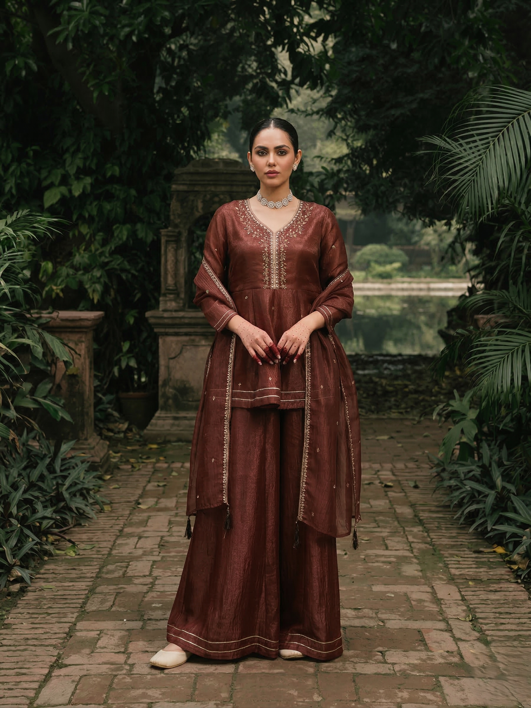 Coffee Embroidered Peplum Top with Sharara Set