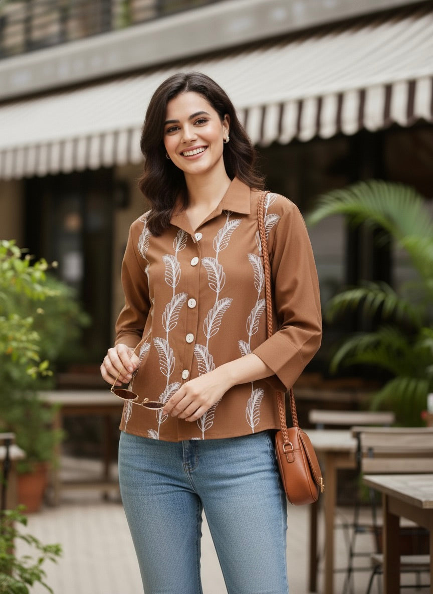 Caramel Embroidered Viscose Blend Shirt for Women