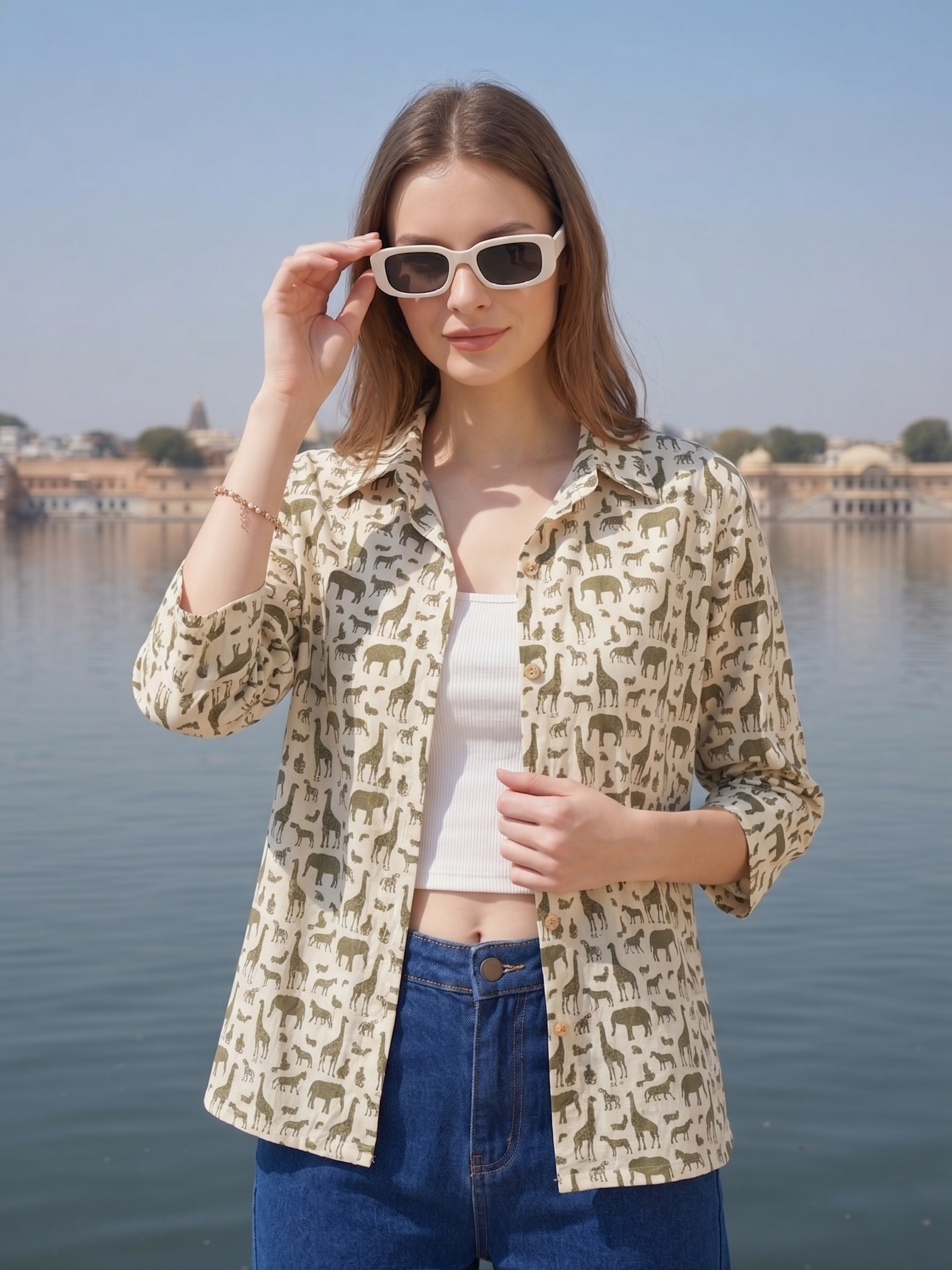 Women Olive Cotton Animal Print Casual Shirt