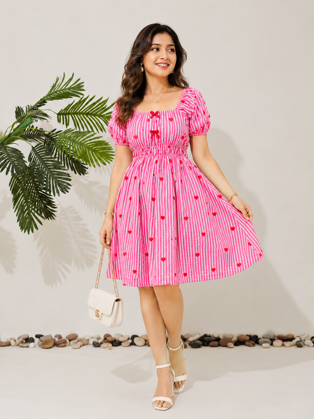 Pink Cotton Stripe Dress with Heart Print for Women