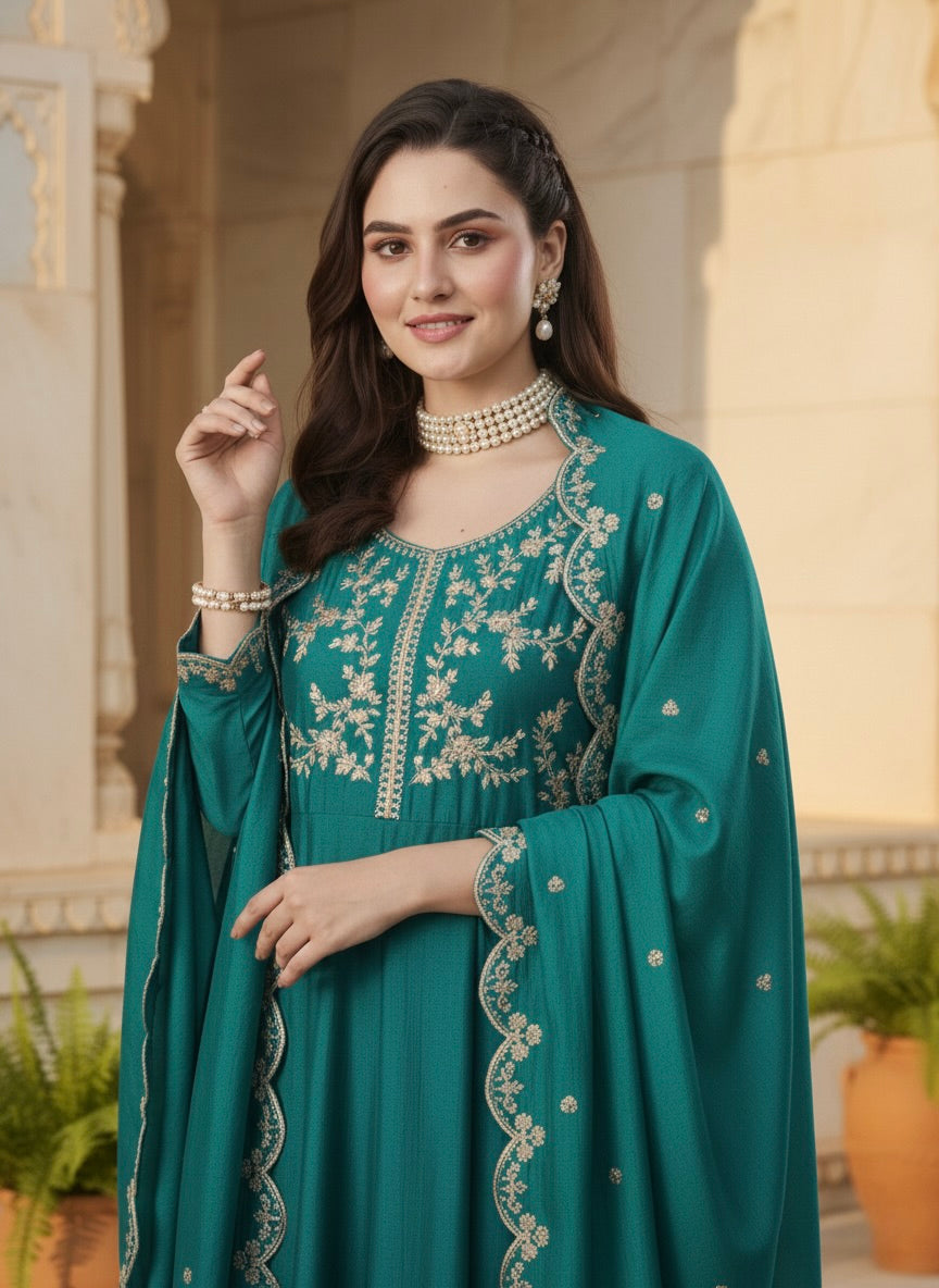 Rama Silk Embroidered Anarkali Kurta And Dupatta set