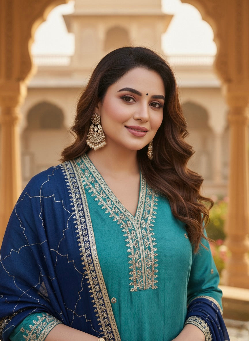 Firozi Embroidered Silk Anarkali Kurta With Dupatta Set