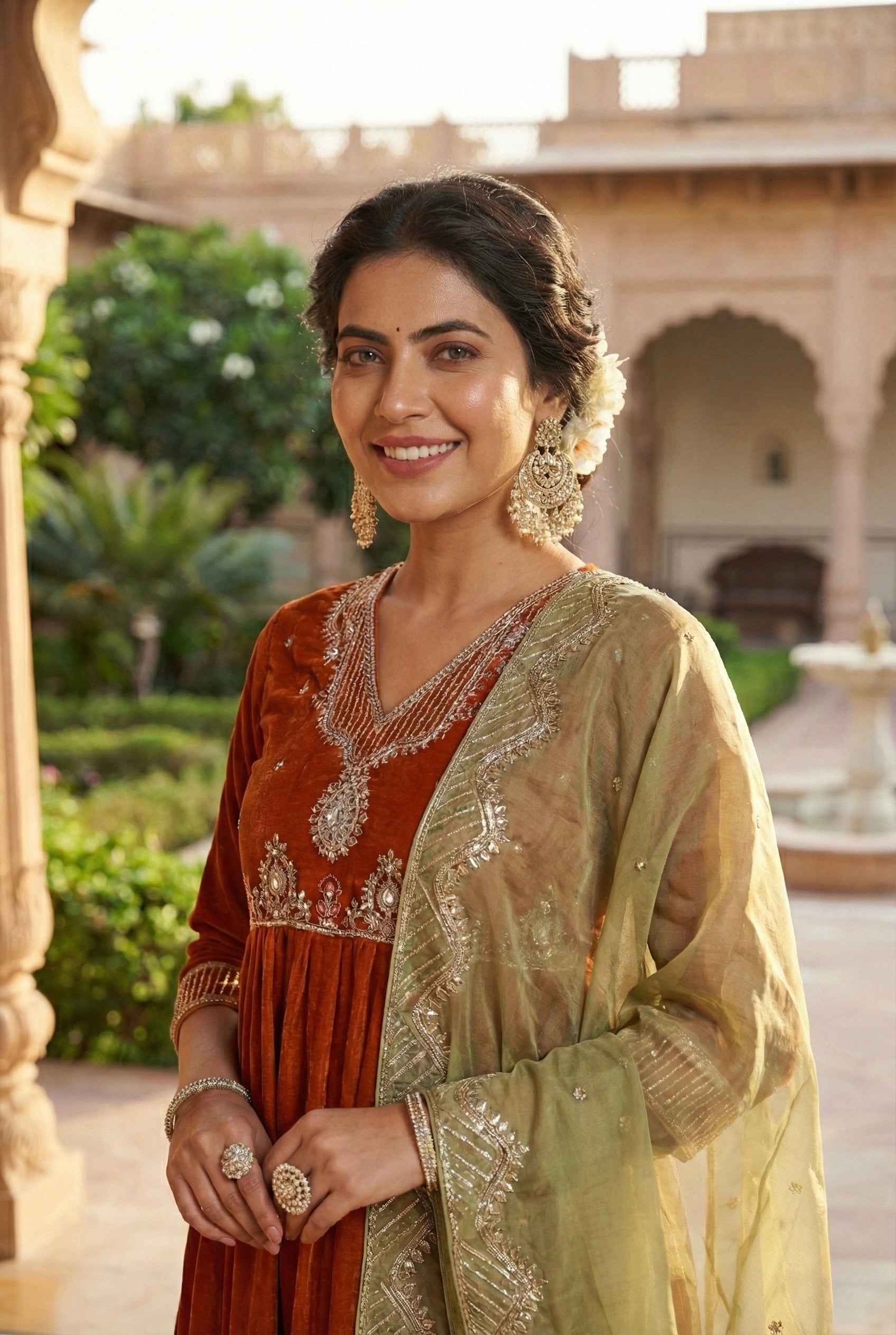 Orange Solid Velvet Anarkali Suit With Dupatta