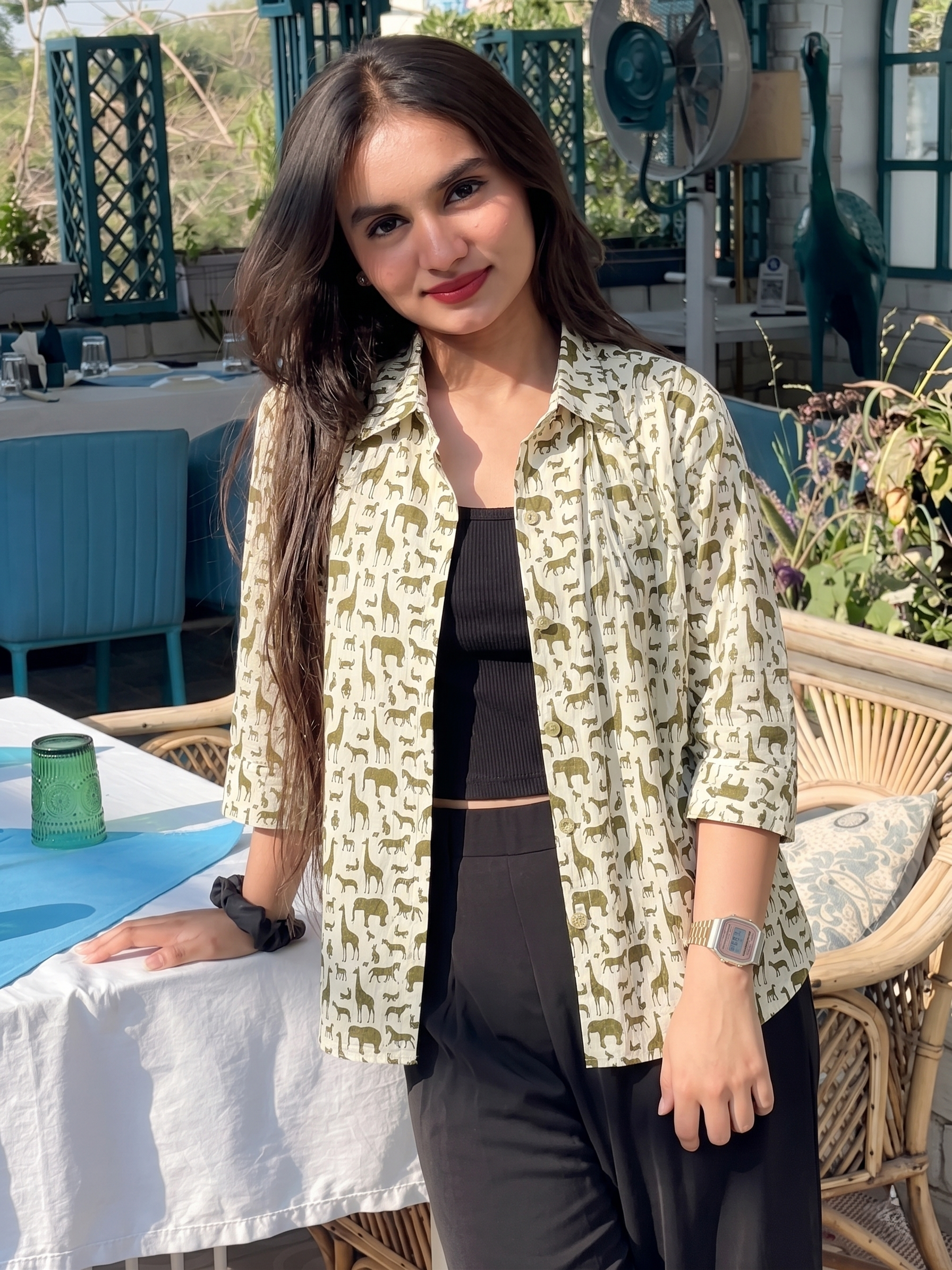 Women’s Coffee Cotton Animal Print Casual Button Shirt