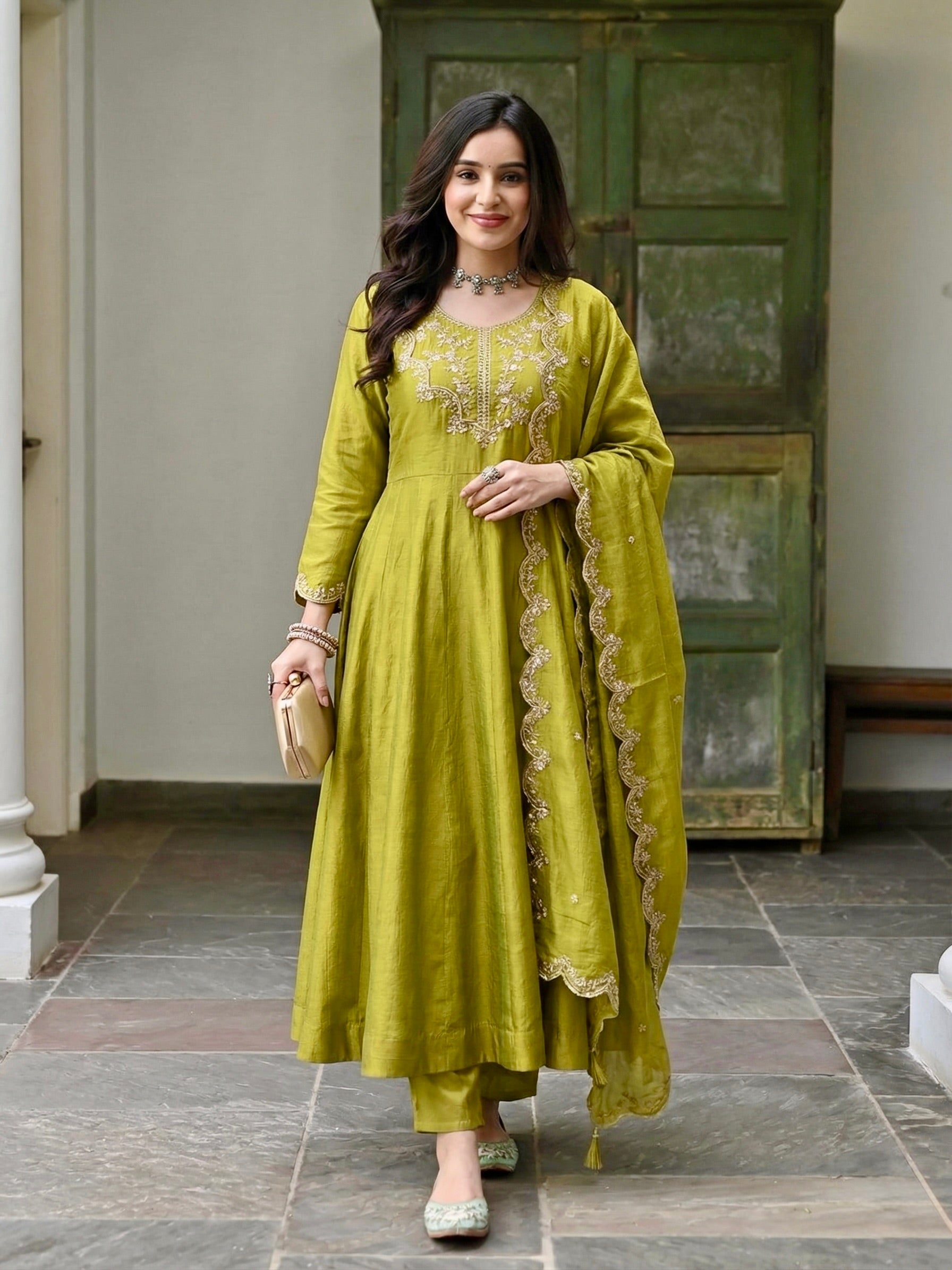 slim fit dress slacks Buy Green Silk Embroidered Anarkali Suit for Women Online