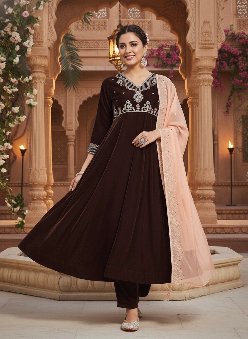 Coffee Solid Velvet Anarkali Suit With Dupatta