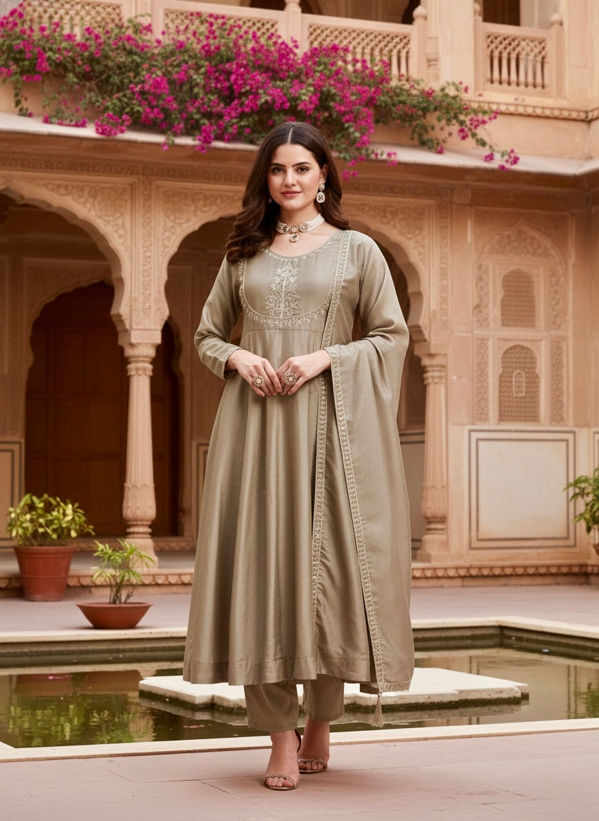 Grey Embroidered Silk Anarkali Kurta With Dupatta Set