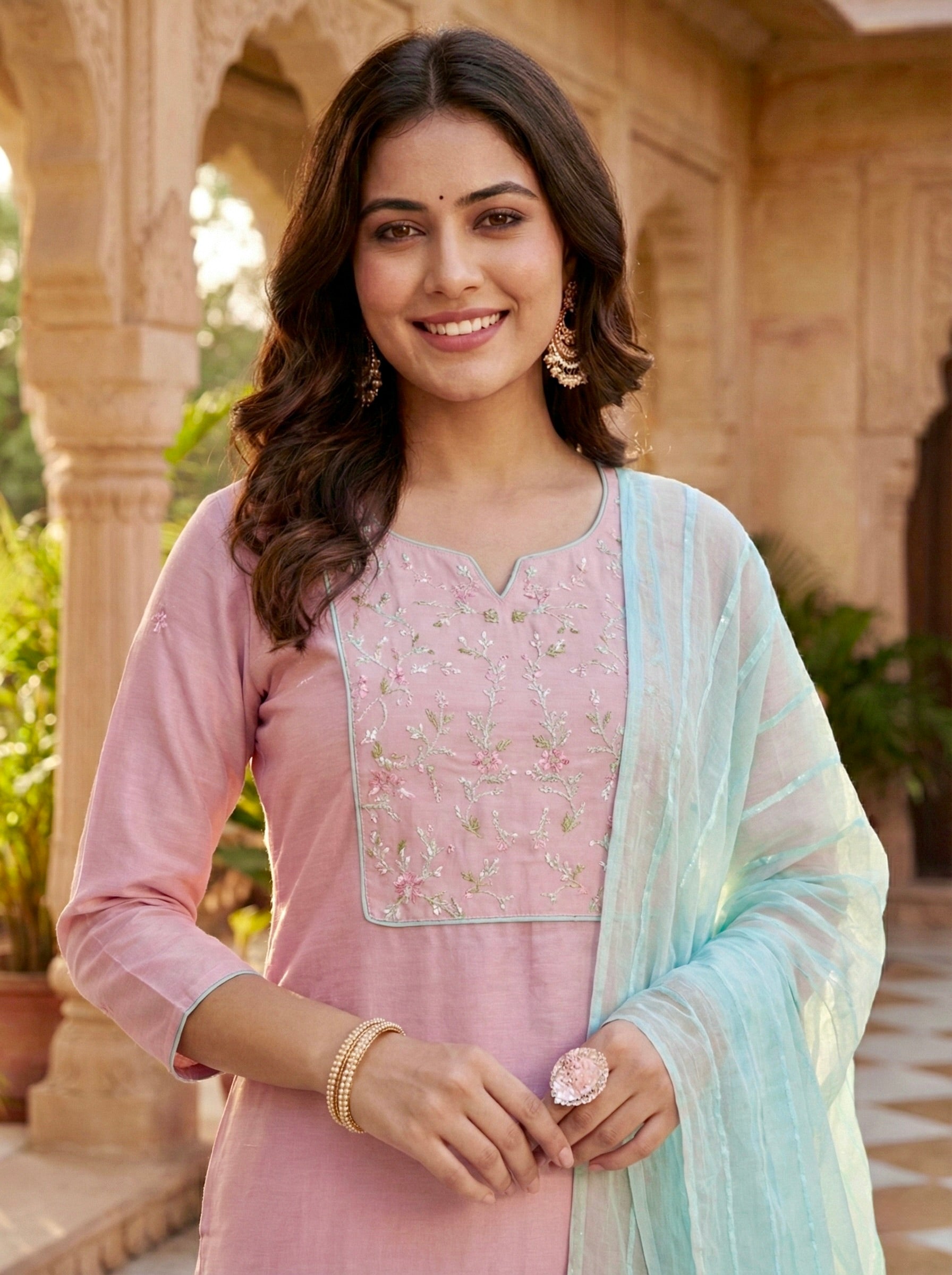 Pink Embroidered Chinon Kurta with Dupatta Set for womens