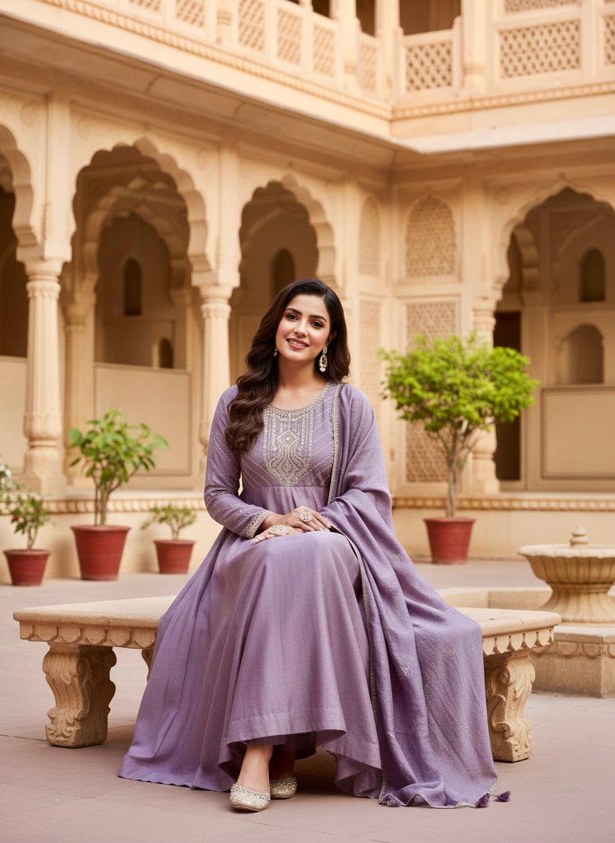 Dark Purple Embroidered Silk Anarkali Kurta With Dupatta Set