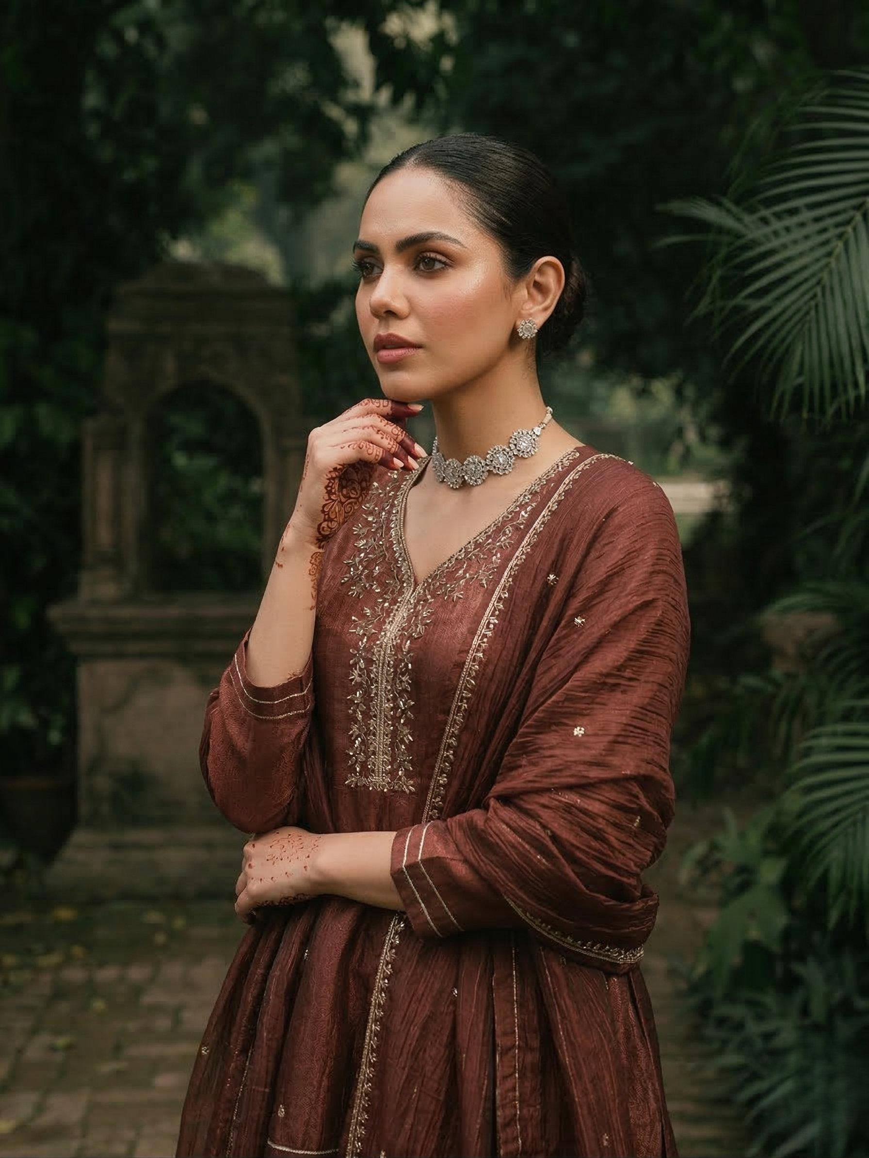 Coffee Embroidered Peplum Top with Sharara Set