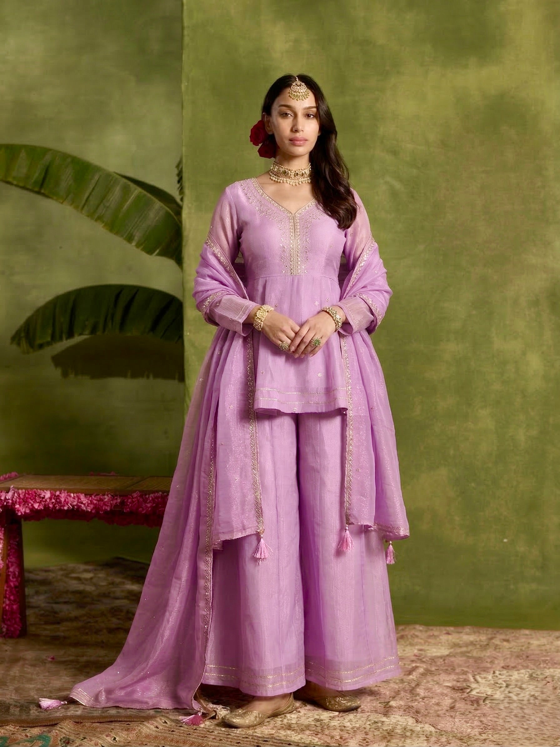 Lavender Embroidered Peplum Top with Sharara Set