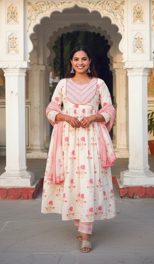 White and Pink Floral Print Cotton Anarkali Kurta With Pants And Dupatta