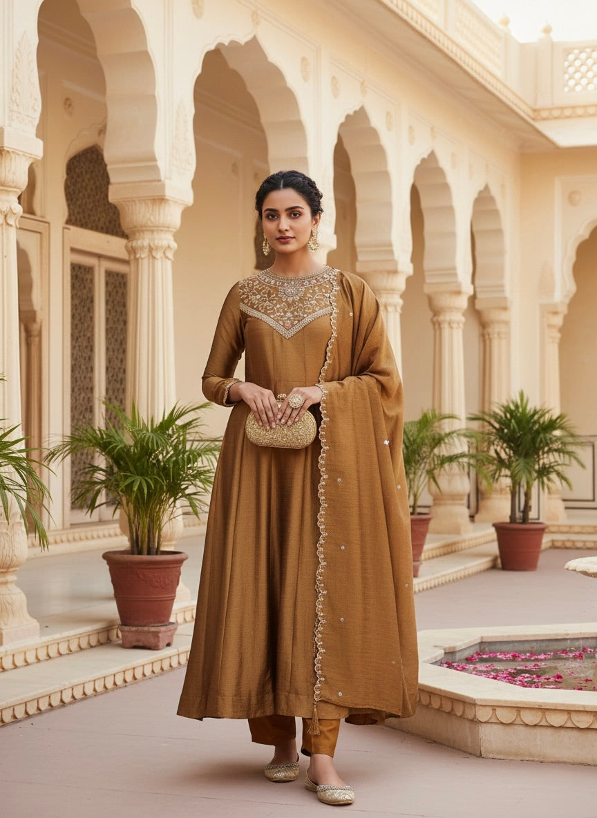 Golden Embroidered Silk Anarkali Kurta With Dupatta Set