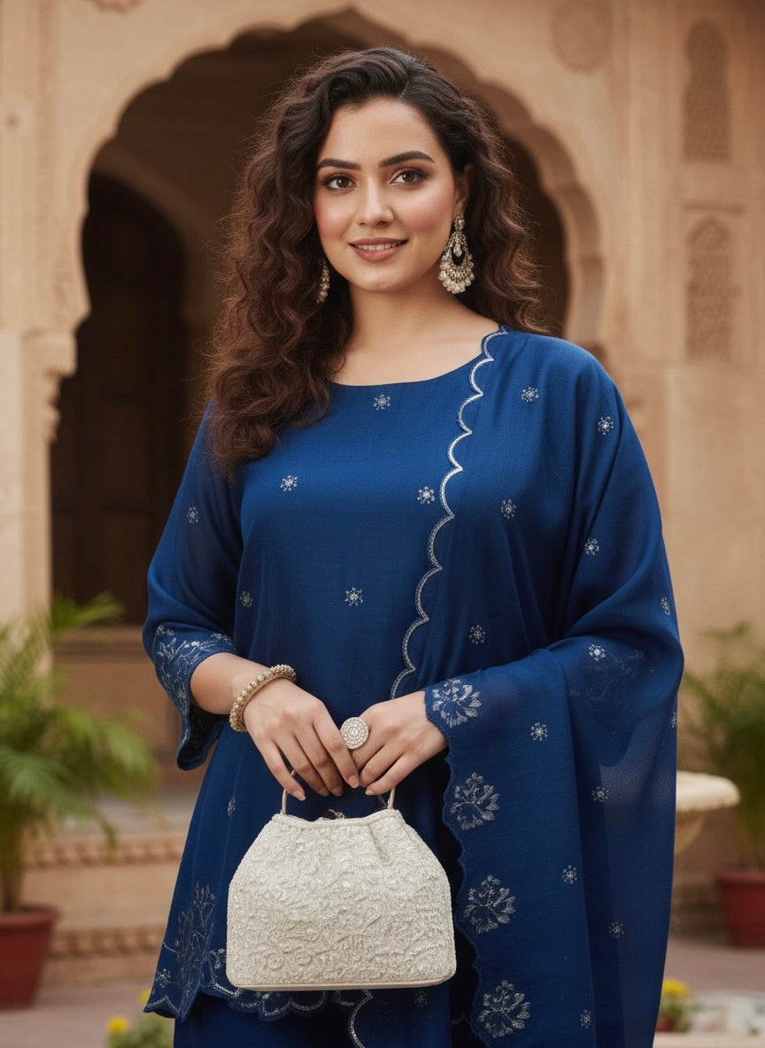Teal Blue Silk Embroidered Suit with Palazzo Set for Women