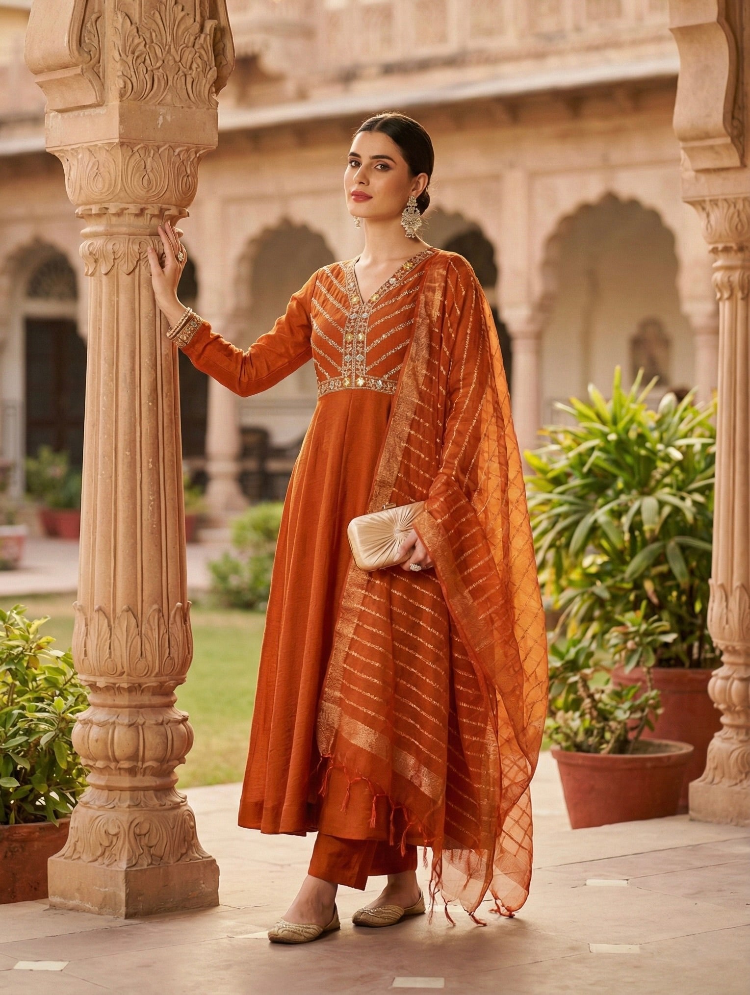 Orange Silk Embroidered Anarkali kurta with dupatta set
