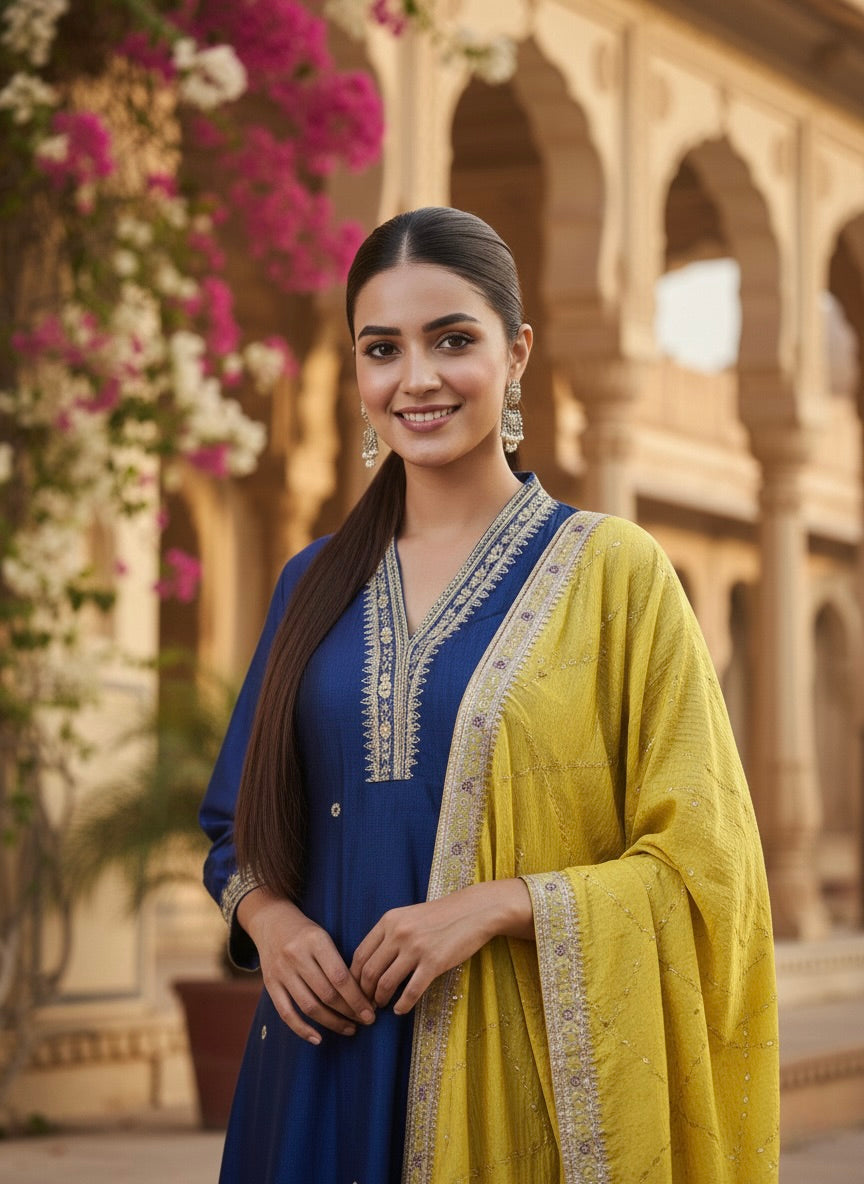 Teal Blue Embroidered Silk Anarkali Kurta With Dupatta Set