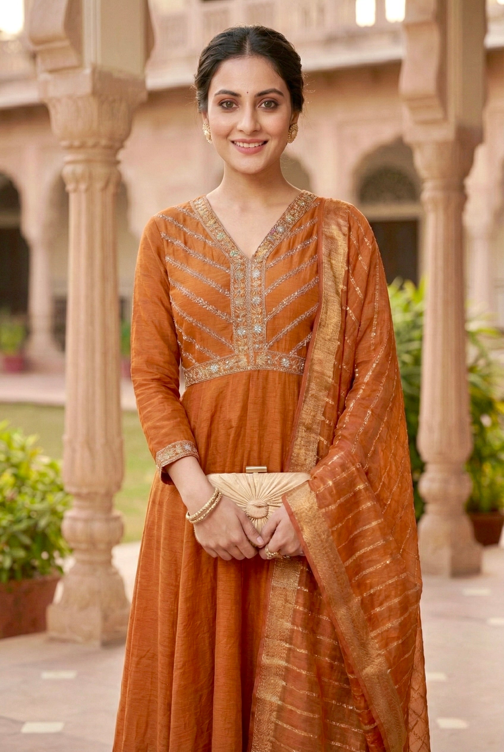 Orange Silk Embroidered Anarkali kurta with dupatta set