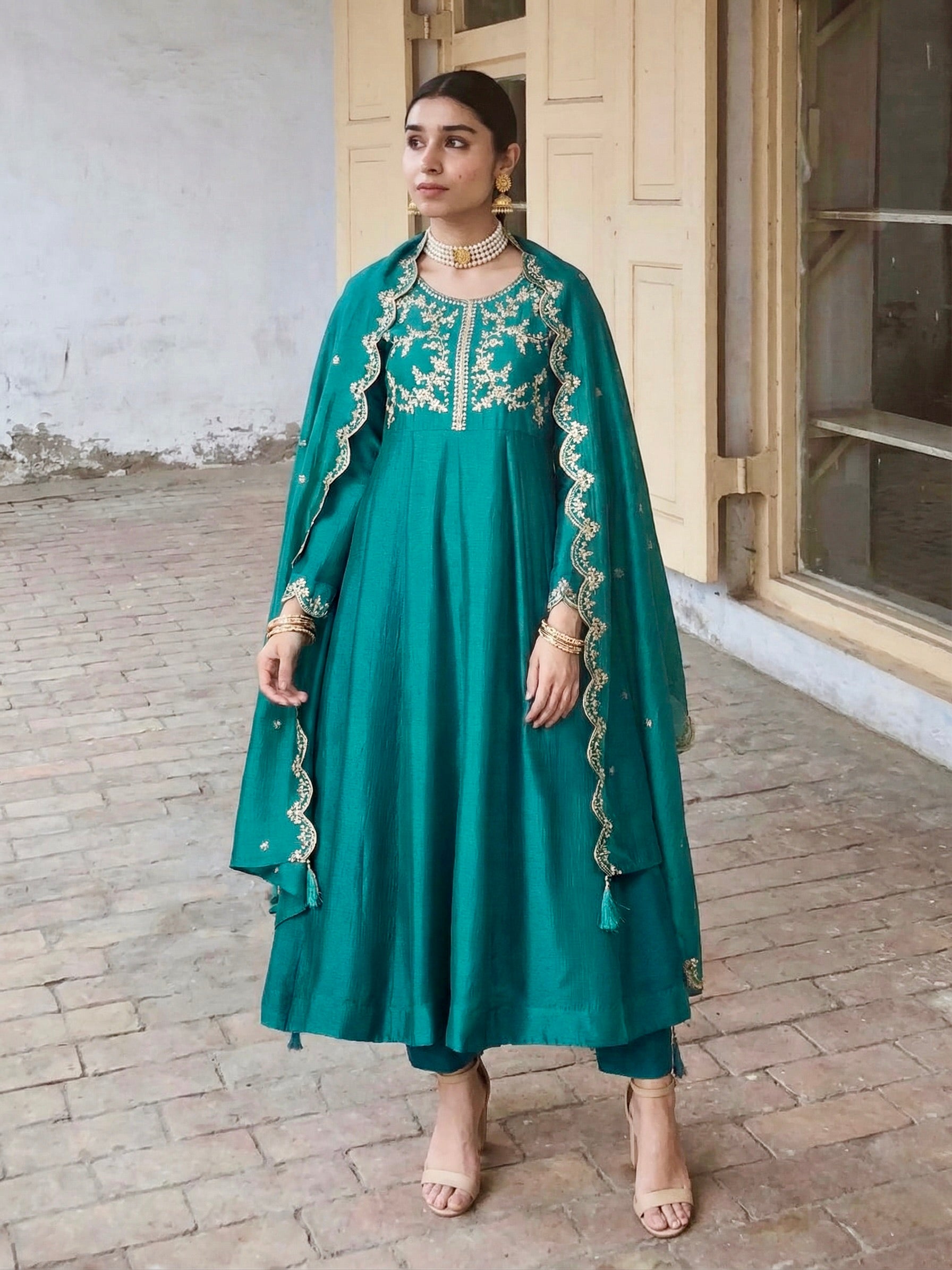 Rama Silk Embroidered Anarkali Kurta And Dupatta set