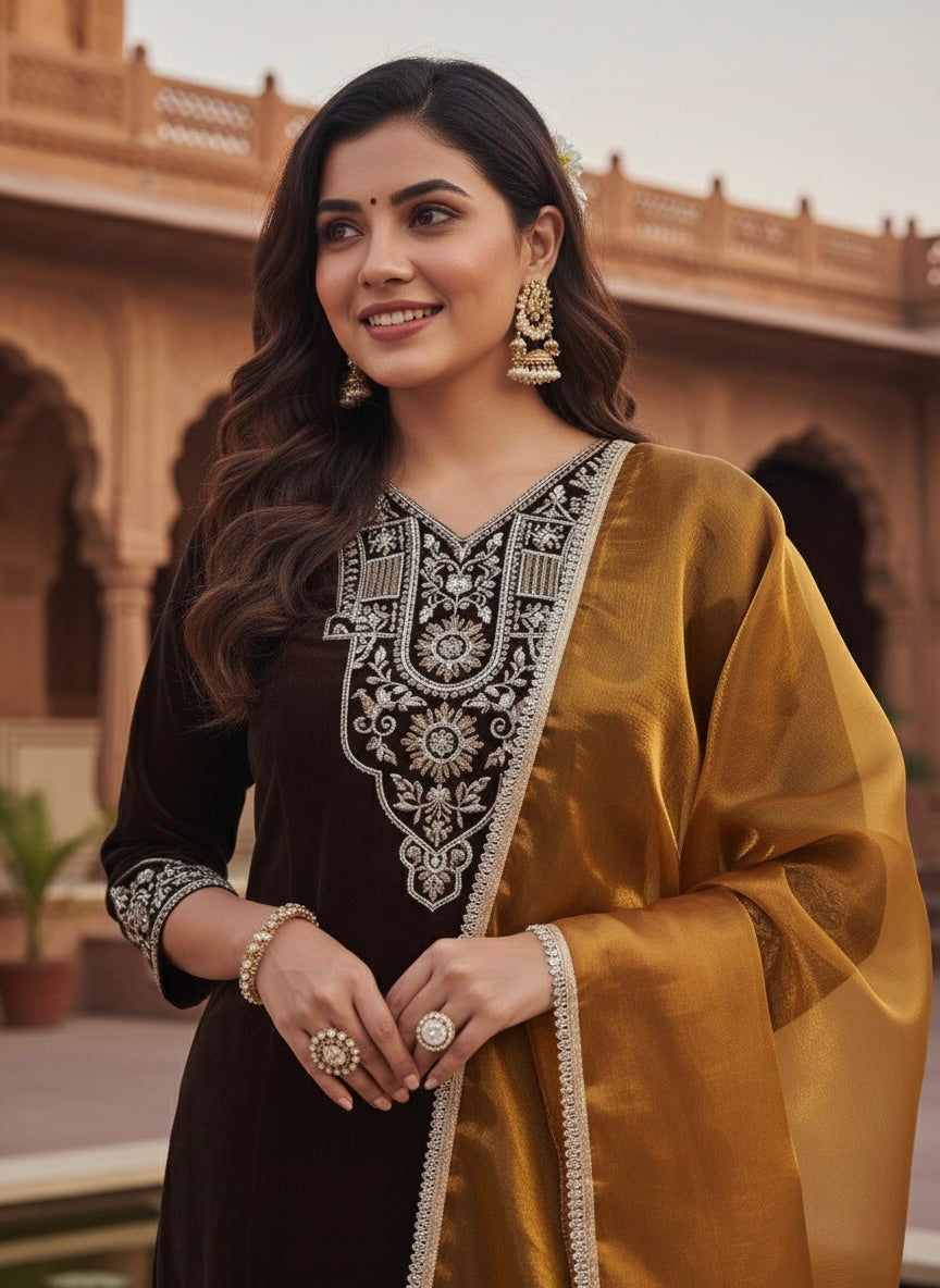 Coffee Velvet Embroidered Kurta with Yellow Dupatta