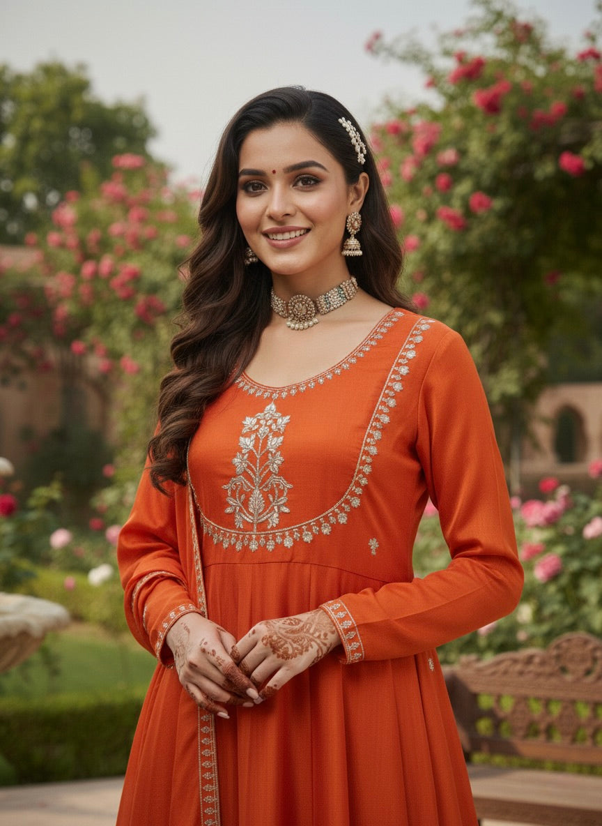 Orange Embroidered Silk Anarkali Kurta With Dupatta Set