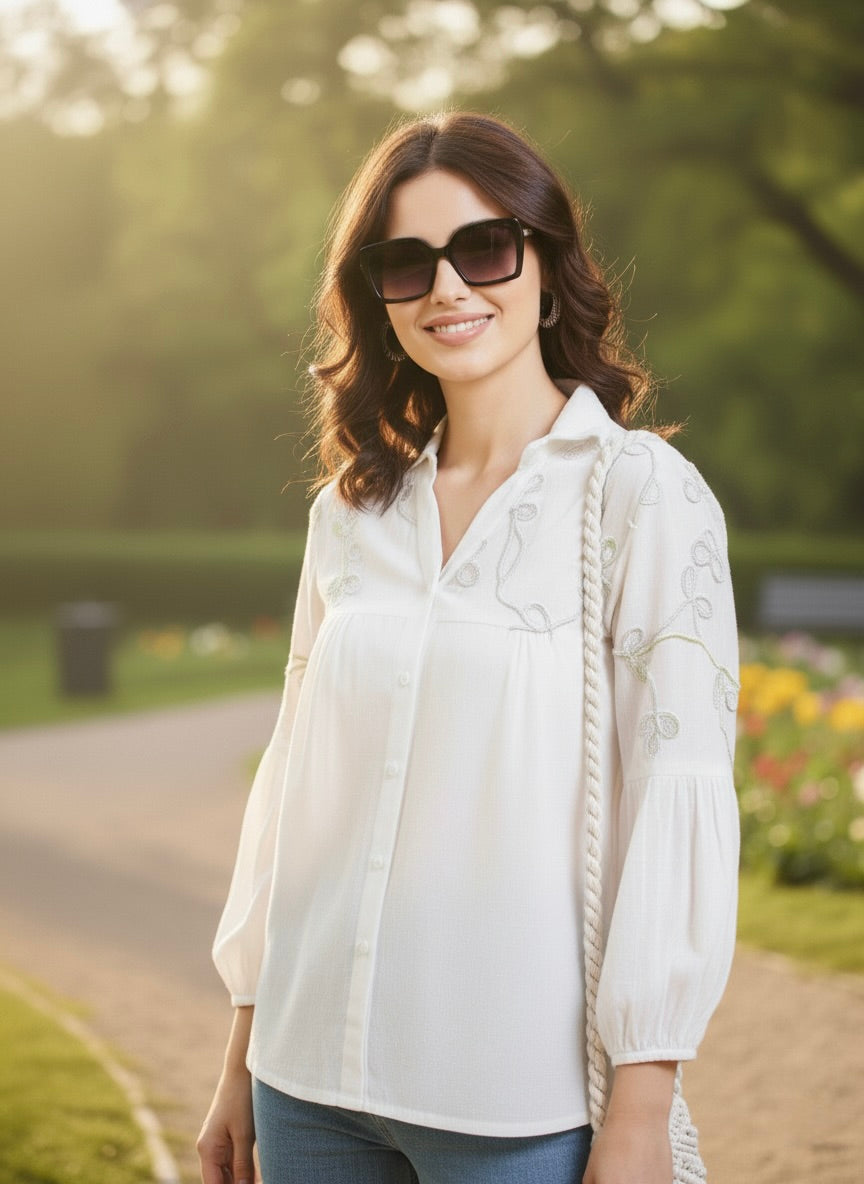 Designer White Embroidered Rayon Shirt for Women