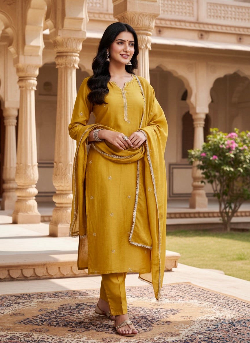 Light Mustard Embroidered Silk Kurta with Dupatta Set